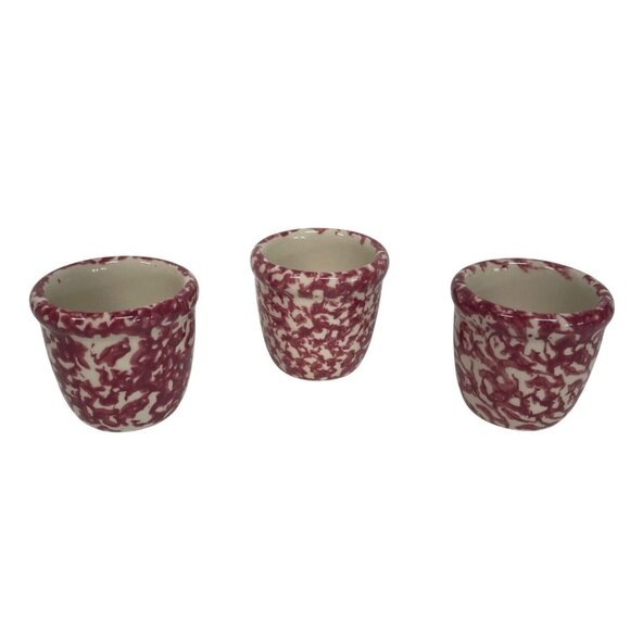 Henn Pottery Vintage Red White Spongeware Pottery Cups Handcrafted Small - Picture 3 of 5